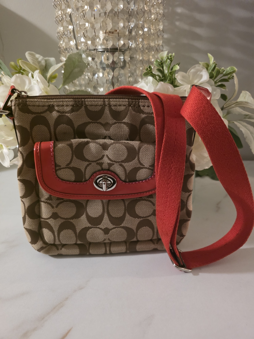 Coach Signature Canvas Crossbody Bag with Red Strap